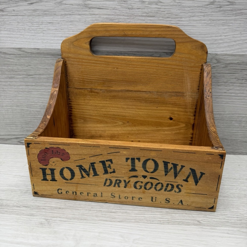 Primitive Wood Storage Caddy Home Town Dry Goods Mail Organizer VTG